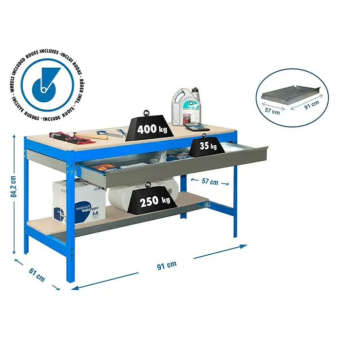 Simonrack Simonwork Banco de trabajo BT0 Box Mobile - L x An: 61 x 91 cm, Altura de trabajo: 91,7 cm, Carga soportada: 120 kg, Azul - Imagen de producto de un banco de trabajo con cajón y estante, con capacidad de carga de hasta 400 kg y dimensiones de altura, anchura y profundidad.