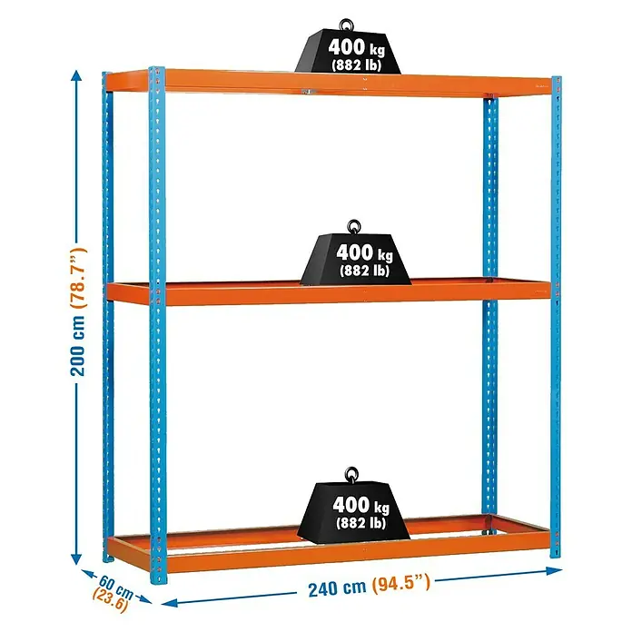 Simonrack Simonforte Estantería para cargas pesadas - Al x An x Pr: 200 x 240 x 60 cm, Número de baldas: 3 ud., Inserción, Azul/Naranja, Capacidad de carga por balda: 400 kg - Ilustración de una estantería de almacén de tres niveles, cada uno cargado con un peso de 400 kg.