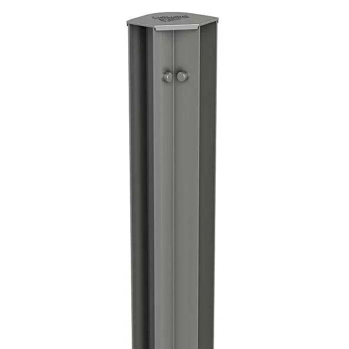 Biohort DaVinci Eckprofil Maxi - Quarzgrau Metallic, Stahl - Grauer, metallischer, polygonaler Pfosten mit zwei kleinen Nieten und geprägtem Text auf seiner oberen Kappe.