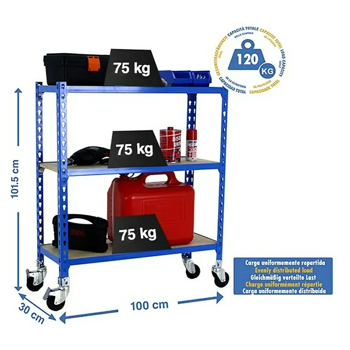 Simonrack Maderclick Estantería metálica Mobile Plus - Al x An x Pr: 90 x 100 x 30 cm, Número de baldas: 3 ud., Inserción, Azul - Imagen del producto de un carro de taller azul con tres estantes y ruedas, con información de peso y dimensiones.