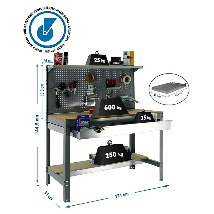 Simonrack Simonwork Banco de trabajo BT3 Box Mobile - L x An: 61 x 121 cm, Altura de trabajo: 144,5 cm, Carga soportada: 120 kg, Gris - Banco de trabajo con panel portaherramientas y cajón, soporta hasta 600 kg, perfecto para taller.