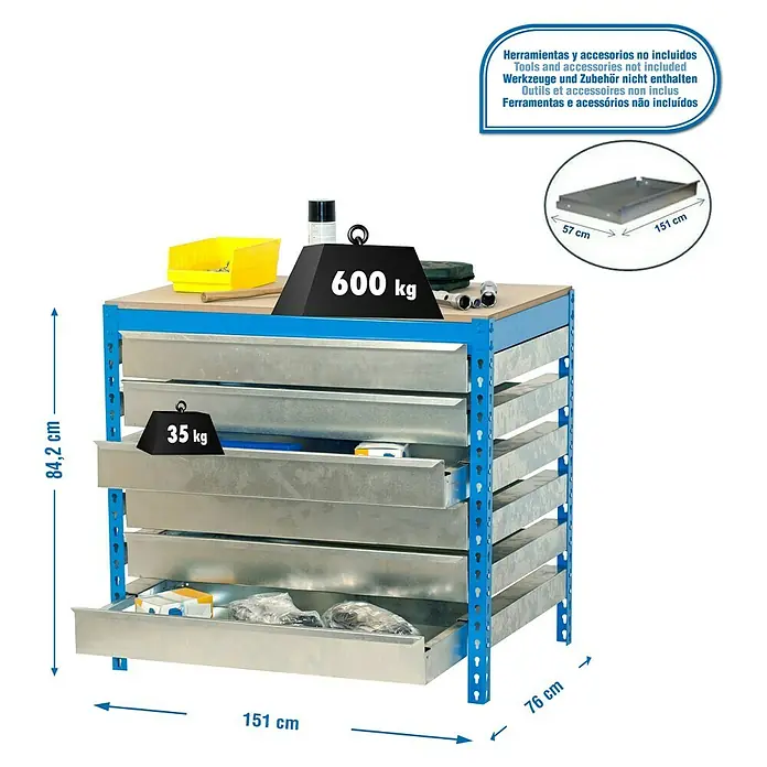 Simonrack Simonwork Werkbank BT5 Box 6 1500 - L x B: 76 x 151 cm, Arbeitshöhe: 84,2 cm, Belastbarkeit: 810 kg, Blau - Werkbank mit Schubladen zur Aufbewahrung von Werkzeugen und Zubehör, stabile Konstruktion mit hoher Belastbarkeit.