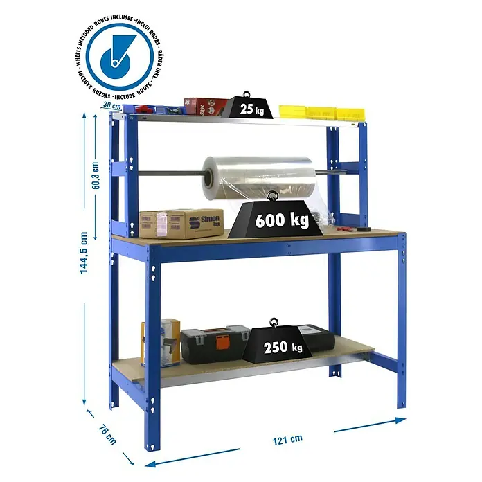 Simonrack Simonwork Banco de trabajo BT4 Mobile - L x An: 76 x 121 cm, Altura de trabajo: 144,5 cm, Carga soportada: 120 kg, Azul - Imagen del producto de un banco de trabajo azul con tres niveles e indicaciones de peso.