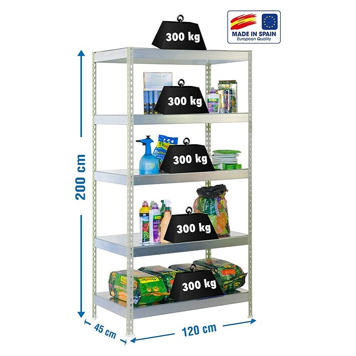 Simonrack Simontaller Metall-Schwerlastregal (L x B x H: 45 x 120 x 200 cm, Traglast: 300 kg/Boden, Anzahl Böden: 5 Stk., Silber)