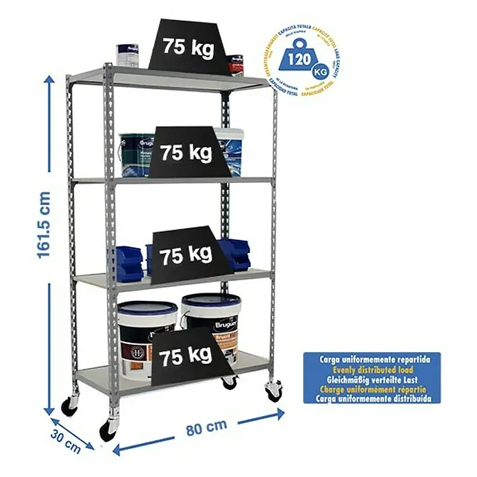 Simonrack Maderclick Estantería metálica Mobile Mini - Al x An x Pr: 150 x 80 x 30 cm, Número de baldas: 4 ud., Inserción, Gris - Carro con cuatro estantes para almacenamiento. Carga máxima por estante 75kg, total 120kg. Dimensiones: 161.5 x 80 x 30 cm.