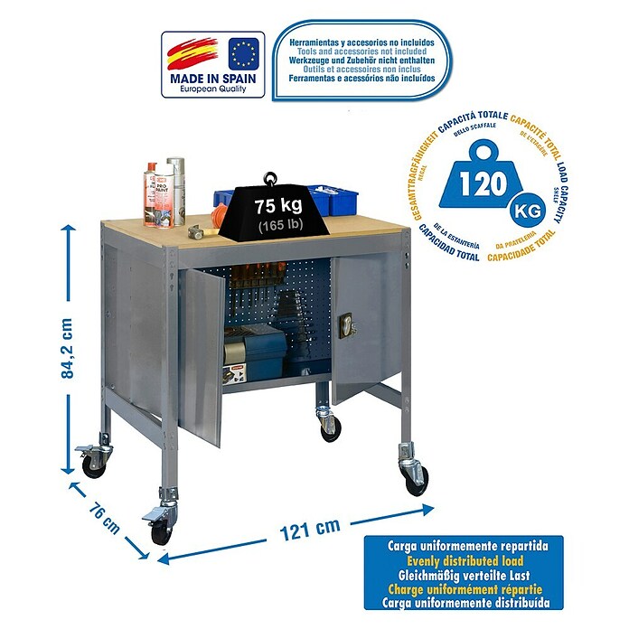 Simonrack Simonwork Banco de trabajo BT0 Locker Mobile (L x Al: 76 x 95 cm, Ancho: 120 cm, Capacidad de carga: 280 kg, Gris)
