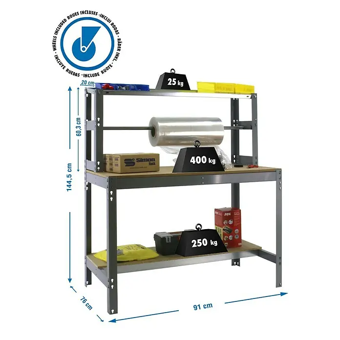 Simonrack Simonwork Banco de trabajo BT4 Mobile - L x An: 76 x 91 cm, Altura de trabajo: 156 cm, Carga soportada: 120 kg, Gris - Imagen del producto de un banco de trabajo con dimensiones e información de peso.
