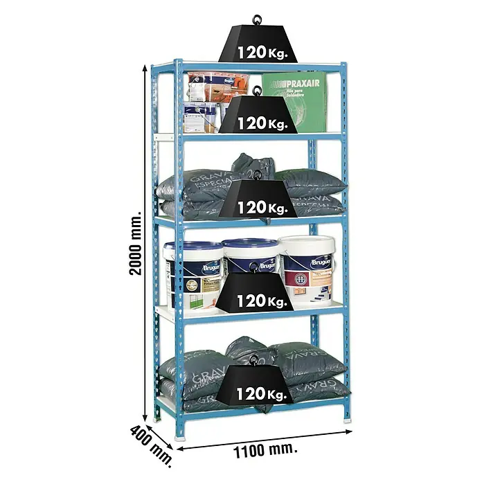 Simonrack Simonclick Metallregal Simonclick Super Plus - H x B x T: 200 x 110 x 40 cm, Traglast pro Boden: 200 kg, Anzahl Böden: 5 Stk., Stecken, Blau/Weiß - Ansicht eines blauen Metallregals mit fünf Regalböden, auf denen verschiedene Baumaterialien und Gewichte von 120 kg abgebildet sind.