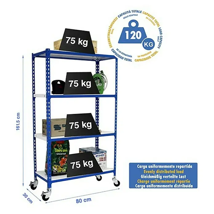 Simonrack Simonclick Estantería metálica Mobile Mini - Al x An x Pr: 150 x 80 x 30 cm, Número de baldas: 4 ud., Inserción, Azul - Imagen de una estantería azul de alta resistencia con cuatro estantes y pesas.