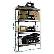 Simonrack Simontaller Metall-Schwerlastregal (L x B x H: 60 x 150 x 200 cm, Traglast: 400 kg/Boden, Anzahl Böden: 4 Stk., Silber)