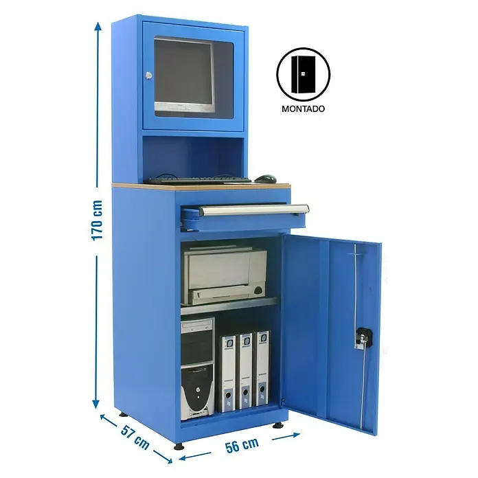 Simonrack Simonlocker Armario multiusos metálico Computer - L x An x Al: 57 x 56 x 170 cm - Armario de ordenador azul con monitor, teclado, impresora y almacenamiento de documentos para oficina o taller.