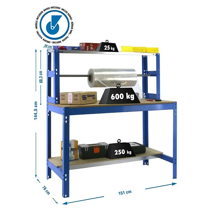 Simonrack Simonwork Banco de trabajo BT4 Mobile - L x An: 76 x 151 cm, Altura de trabajo: 144,5 cm, Carga soportada: 120 kg, Azul - Imagen del producto de un banco de trabajo azul con tres estantes, cargado con pesas y herramientas, las dimensiones son visibles.