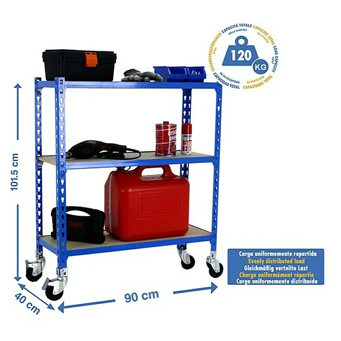 Simonrack Maderclick Estantería metálica Mobile - Al x An x Pr: 90 x 90 x 40 cm, Número de baldas: 3 ud., Inserción, Azul - Imagen de un carro de taller azul con tres estantes, cargado de herramientas y accesorios, con dimensiones incluidas.