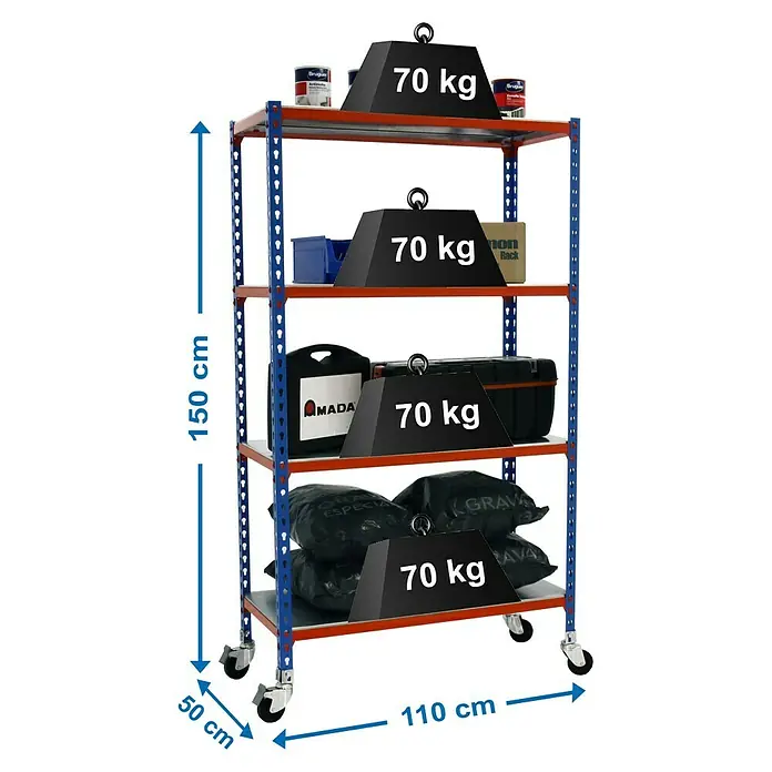 Simonrack Simonclick Estantería metálica Mobile Superplus - Al x An x Pr: 150 x 110 x 50 cm, Número de baldas: 4 ud., Inserción, Azul/Naranja - Una estantería móvil robusta de cuatro niveles cargada con diversos artículos y pesos, ideal para un taller o almacén.