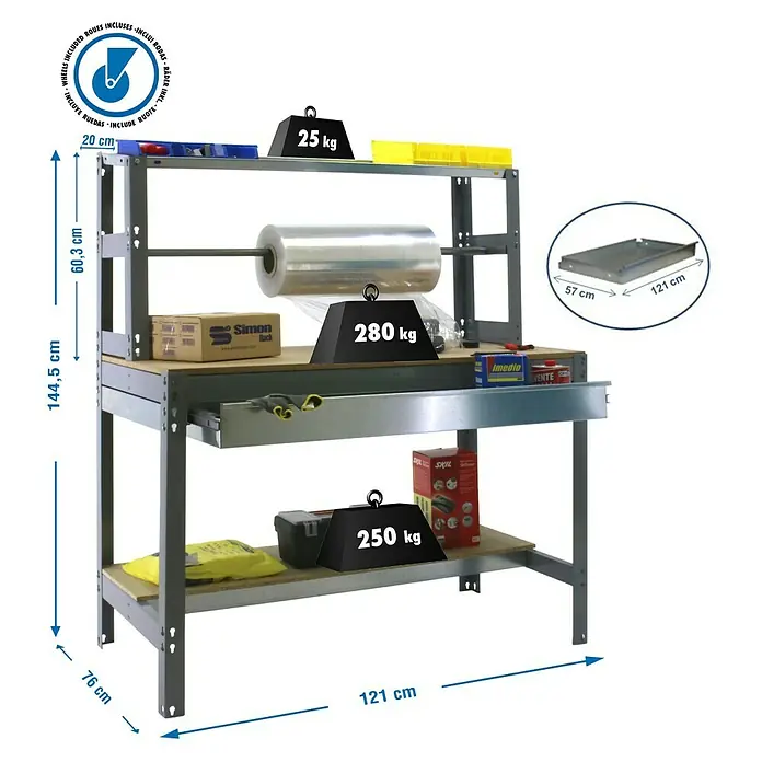 Simonrack Simonwork Banco de trabajo BT4 Box Mobile - L x An: 76 x 121 cm, Altura de trabajo: 144,5 cm, Carga soportada: 120 kg, Gris - Imagen de un banco de trabajo con estantes, carga máxima de 280 kg, ideal para taller y almacén, con accesorios y dimensiones.