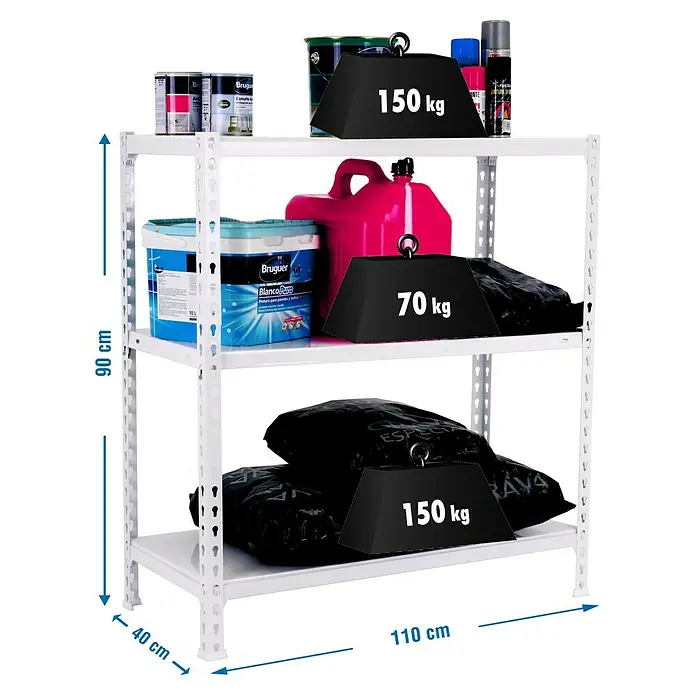 Simonrack Simonclick Metallregal Ecoclick SuperPlus - H x B x T: 90 x 110 x 40 cm, Traglast pro Boden: 70 kg, Anzahl Böden: 3 Stk., Stecken, Weiß - Weisses Regal mit drei Ebenen, beladen mit Farbeimern, Kanistern und Säcken, wobei die Gewichte angegeben sind.