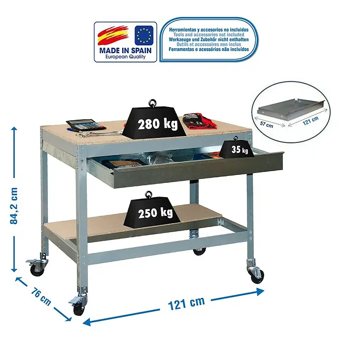Simonrack Simonwork Banco de trabajo BT0 Box Mobile - L x An: 76 x 121 cm, Altura de trabajo: 91,7 cm, Carga soportada: 120 kg, Gris - Representación de un banco de trabajo con cajón, dimensiones e indicaciones de peso, fabricado en España, con una capacidad de carga de hasta 280 kg.
