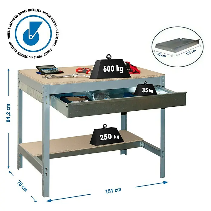 Simonrack Simonwork Banco de trabajo BT0 Box Mobile - L x An: 76 x 151 cm, Altura de trabajo: 91,7 cm, Carga soportada: 120 kg, Gris - Imagen de un banco de trabajo con cajón y estante. La capacidad de carga máxima es de 600 kg en la mesa.