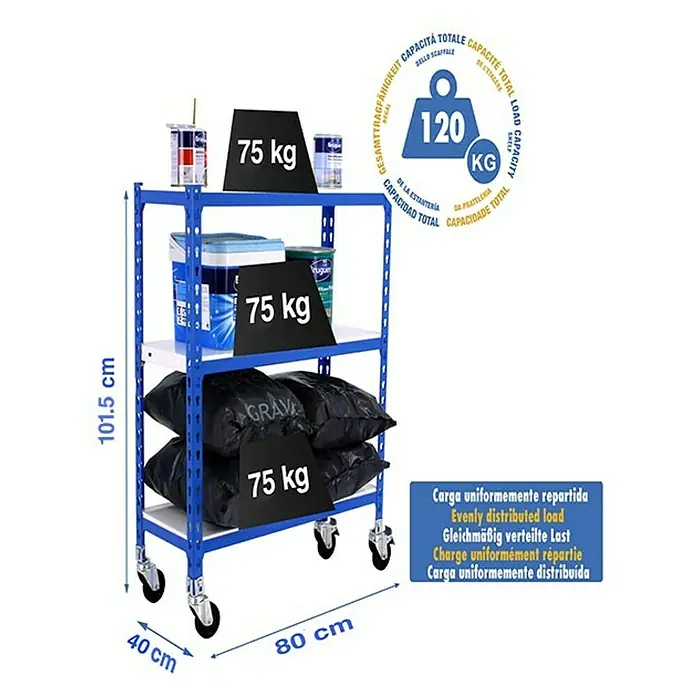 Simonrack Simonclick Estantería metálica Mobile Mini - Al x An x Pr: 90 x 80 x 40 cm, Número de baldas: 3 ud., Inserción, Azul - Imagen del producto de una estantería rodante azul con tres estantes y una capacidad de carga máxima de 120 kg.