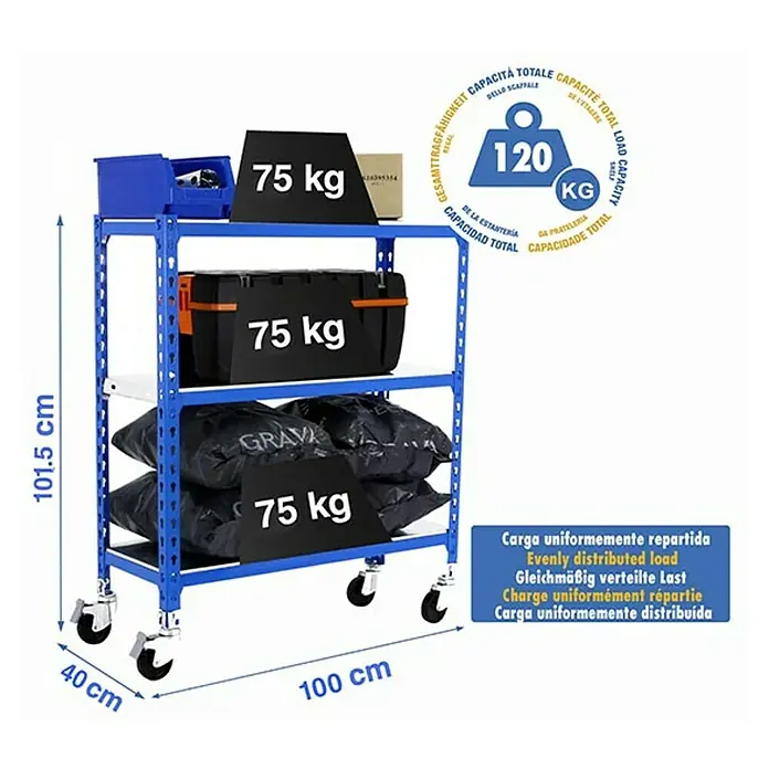 Simonrack Simonclick Estantería metálica Mobile Plus - Al x An x Pr: 90 x 100 x 40 cm, Número de baldas: 3 ud., Inserción, Azul - Imagen de una estantería azul con ruedas de tres niveles cargada con varios artículos, cada uno marcado con 75 kg.