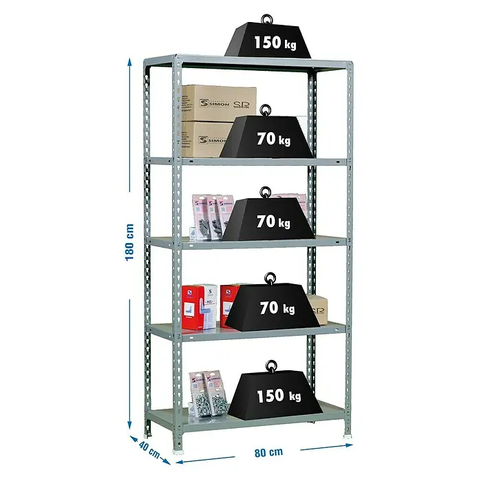 Simonrack Simonclick Metallregal Ecoclick Mini - H x B x T: 180 x 80 x 40 cm, Traglast pro Boden: 70 kg, Anzahl Böden: 5 Stk., Stecken, Grau - Ein Regal mit fünf Ebenen, das mit Gewichten von 70 kg und 150 kg beladen ist, um seine Tragfähigkeit zu demonstrieren.