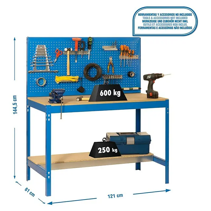 Simonrack Simonwork Banco de trabajo BT2 - Azul, Ancho: 121 cm - Banco de trabajo con panel perforado azul, encimera y estante. La capacidad máxima de carga es de 600 kg en la encimera, 250 kg en el estante.