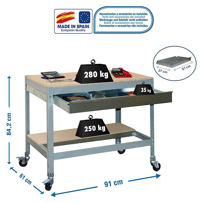 Simonrack Simonwork Banco de trabajo BT0 Box Mobile (L x Al: 61 x 95 cm, Ancho: 90 cm, Capacidad de carga: 280 kg, Gris)