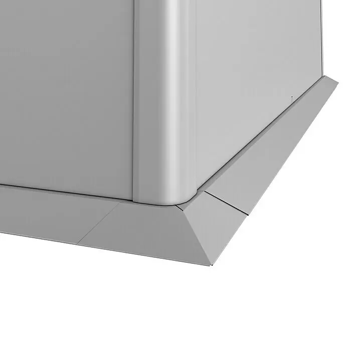 Biohort Mähkante - Passend für: Biohort Hochbeet L 2000, Silber Metallic - Untere Ecke einer hellgrauen Display-Einheit mit abgerundeter Kante und abgeschrägtem, ausgestelltem Sockel.