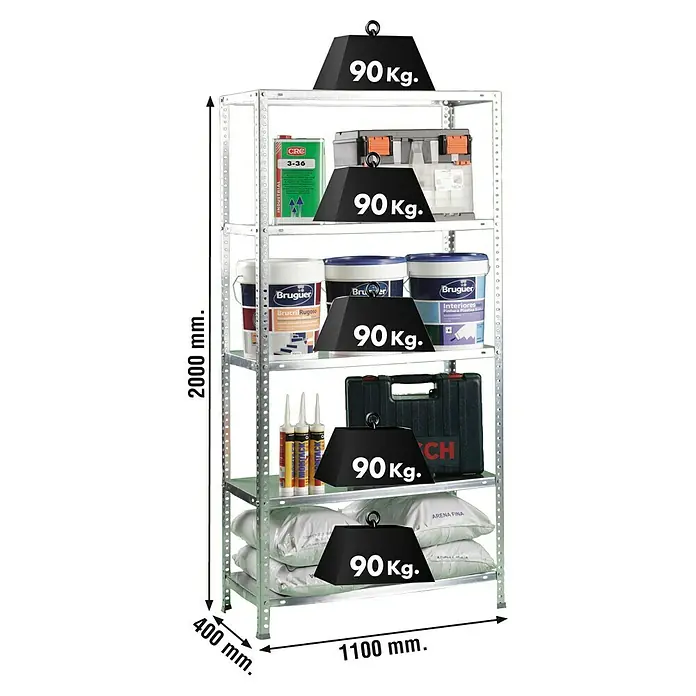 Simonrack Simonclassic Metallregal Comfort Super Plus - H x B x T: 200 x 110 x 40 cm, Traglast pro Boden: 100 kg, Anzahl Böden: 5 Stk., Schrauben, Silber - Ein gut gefülltes, silbernes Metallregal mit fünf Ebenen, das verschiedene Behälter und Werkzeuge sowie Größenangaben zeigt.