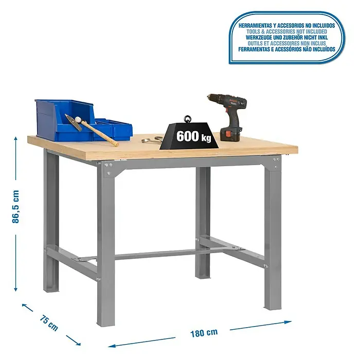 Simonrack Simonwork Werkbank BT6L MDF 1800 - L x B: 75 x 180 cm, Arbeitshöhe: 86,5 cm, Belastbarkeit: 600 kg, Grau/Holz - Die Abbildung zeigt eine Werkbank mit einer Traglast von 600 kg und den Maßen 180 cm x 75 cm x 86,5 cm. Werkzeuge sind nicht enthalten.