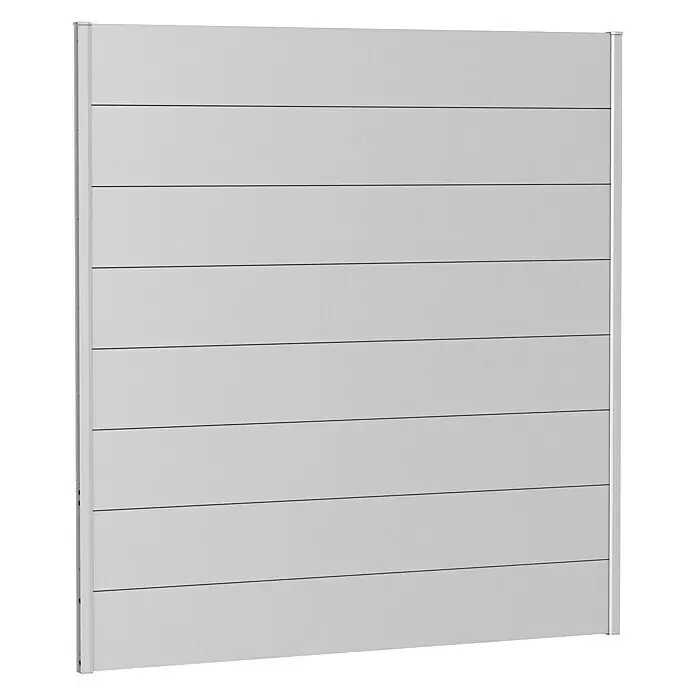Biohort Sichtschutzelement - B x H: 180 x 180 cm, Stahl, Silber Metallic - Hellgraues Zaunelement mit horizontalen Lamellen und vertikalen Seitenpfosten.