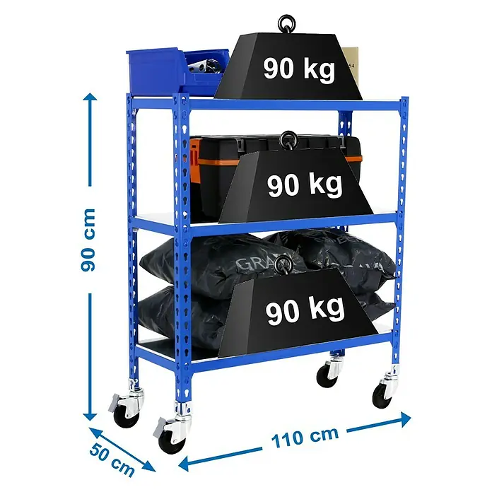 Simonrack Simonclick Estantería metálica Mobile Superplus - Al x An x Pr: 90 x 110 x 50 cm, Número de baldas: 3 ud., Inserción, Azul - Imagen de un carro azul con tres estantes, cargado de herramientas y pesas, con dimensiones superpuestas.