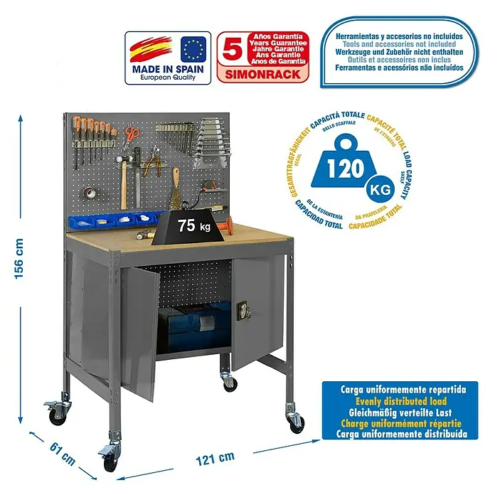 Simonrack Simonwork Banco de trabajo BT2 Locker Mobile - L x An: 61 x 121 cm, Altura de trabajo: 144,5 cm, Carga soportada: 120 kg, Gris - Banco de trabajo Simonrack con panel portaherramientas, cajones y ruedas, ideal para talleres. Soporta hasta 120 kg, herramientas no incluidas.