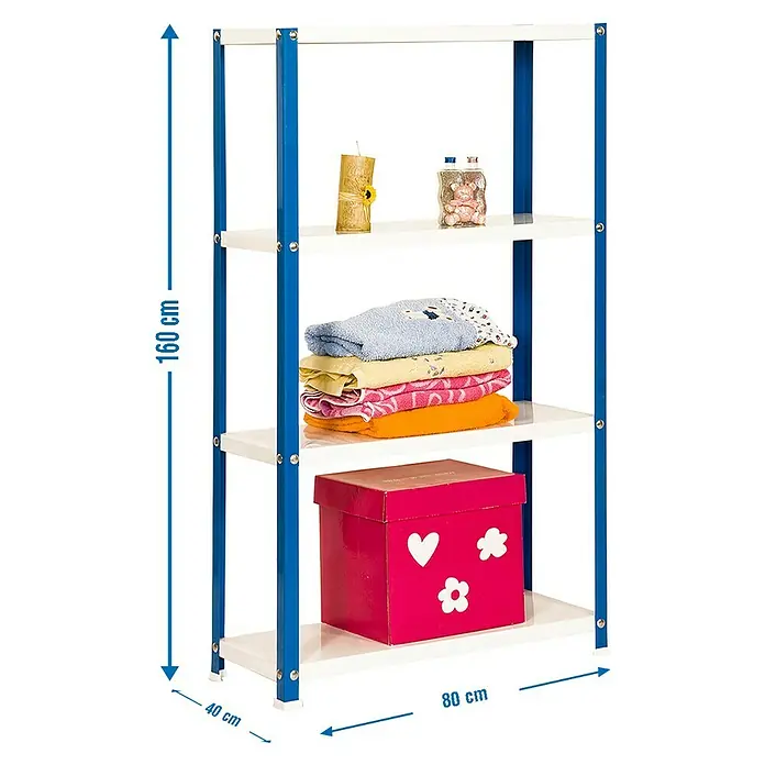 Simonrack Simonhome Metallregal Classic Mini - H x B x T: 160 x 80 x 40 cm, Traglast pro Boden: 100 kg, Anzahl Böden: 4 Stk., Schrauben, Blau/Weiß - Das Bild zeigt ein Regal mit drei Ablagen und blauen Rahmen, das mit verschiedenen Gegenständen wie Handtüchern und einer Schachtel dekoriert ist.