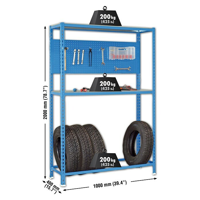 Simonrack Simonauto Estantería para almacenamiento de neumáticos Simonracing (L x An x Al: 40 x 100 x 200 cm, Capacidad de carga: 200 kg/balda, Número de baldas: 3 ud., Azul)