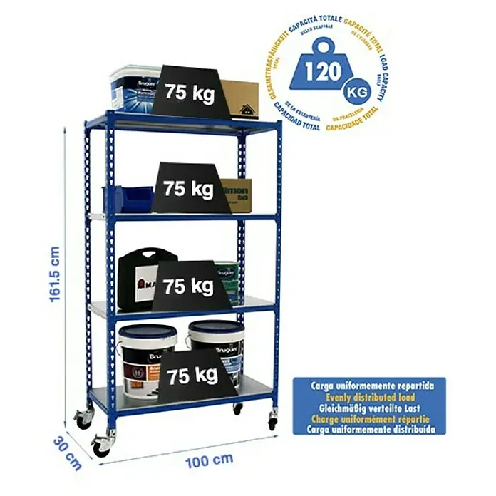 Simonrack Simonclick Estantería metálica Mobile Plus - Al x An x Pr: 150 x 100 x 30 cm, Número de baldas: 4 ud., Inserción, Azul - Imagen de una estantería resistente azul de cuatro niveles con ruedas, que muestra su capacidad de carga de 120 kg.