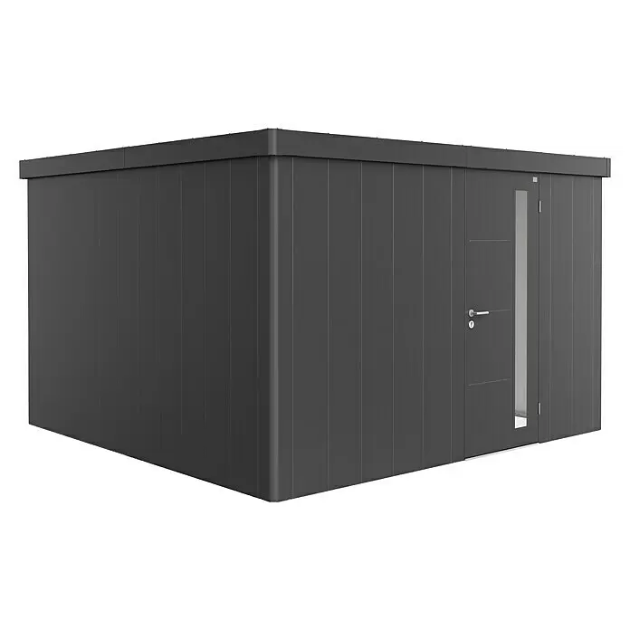 Biohort Neo Gerätehaus Neo 4D - Außenbreite inkl. Dachüberstand: 348 cm, Außentiefe inkl. Dachüberstand: 348 cm, Stahl, Dunkelgrau-Metallic, Einzeltür - Dunkelgraues, modernes Gartenhaus mit schlankem Design und einer Tür mit vertikalem Glasfeld.