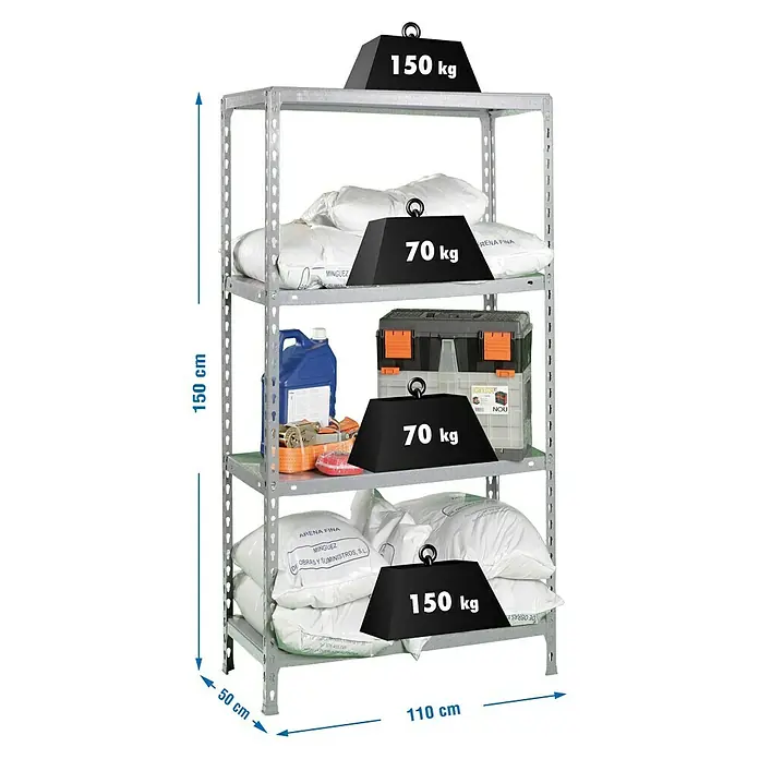 Simonrack Simonclick Metallregal Ecoclick SuperPlus - H x B x T: 150 x 110 x 50 cm, Traglast pro Boden: 70 kg, Anzahl Böden: 4 Stk., Stecken, Silber - Bild eines Schwerlastregals mit vier Ebenen, beladen mit diversen Gegenständen und Gewichten zur Veranschaulichung der Belastbarkeit.