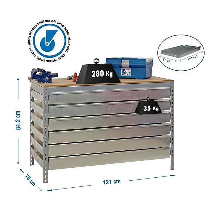 Simonrack Simonwork Banco de trabajo BT5 Box Mobile - L x An: 76 x 120 cm, Altura de trabajo: 95 cm, Carga soportada: 280 kg, Gris - Banco de trabajo con varios cajones, las dimensiones se muestran en la imagen. El peso máximo es de 280 kg.
