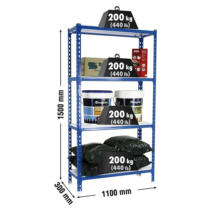 Simonrack Simonclick Metallregal Simonclick Super Plus - H x B x T: 150 x 110 x 30 cm, Traglast pro Boden: 200 kg, Anzahl Böden: 4 Stk., Stecken, Blau/Weiß - Abbildung eines robusten, blauen Metallregals mit vier Ebenen, beladen mit Gewichten, Farbeimern und Säcken, mit Maßangaben.