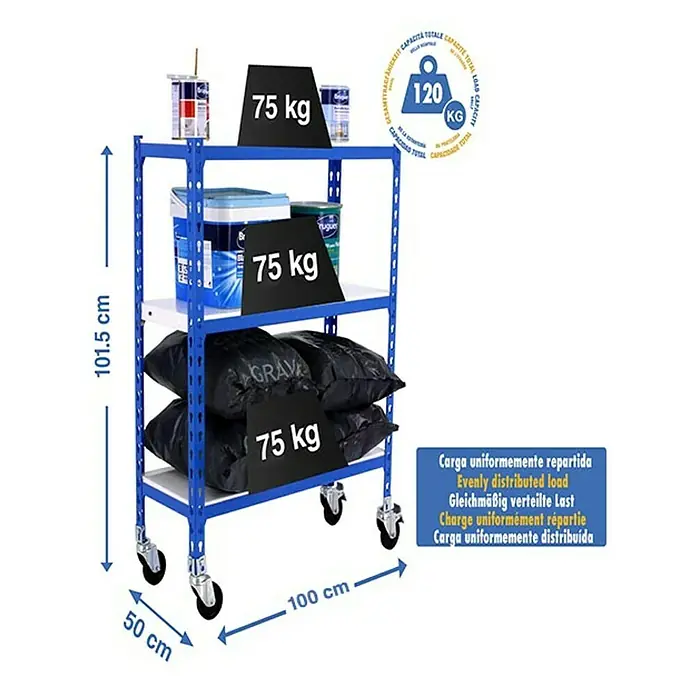 Simonrack Simonclick Estantería metálica Mobile Plus - Al x An x Pr: 90 x 100 x 50 cm, Número de baldas: 3 ud., Inserción, Azul - Imagen de una estantería azul de alta resistencia con tres estantes, cargada con varios artículos y mostrando dimensiones.