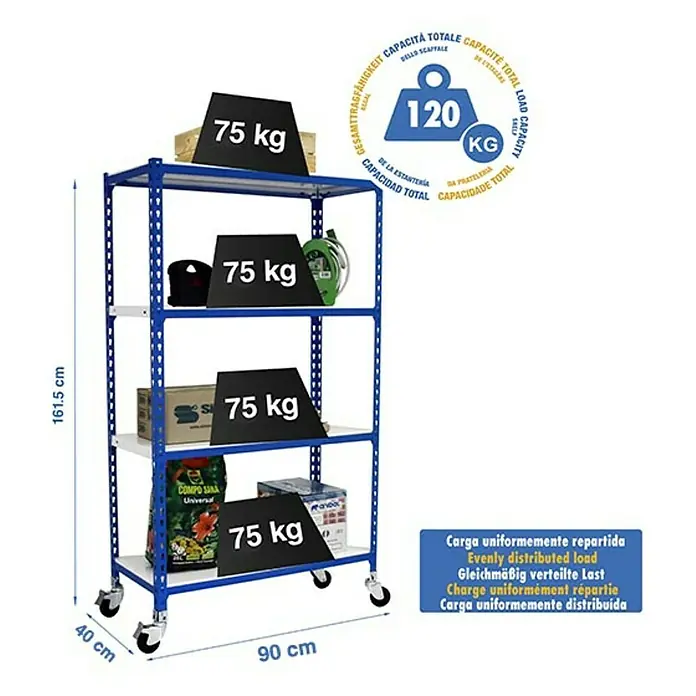 Simonrack Simonclick Estantería metálica Mobile - Al x An x Pr: 150 x 90 x 40 cm, Número de baldas: 4 ud., Inserción, Azul - Imagen de una estantería resistente azul con cuatro estantes, cargada con 75 kg en cada estante.