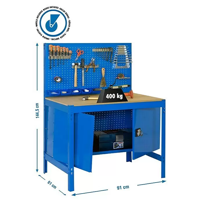 Simonrack Simonwork Werkbank MOBILE BT2 CABINET - L x B: 61 x 91 cm, Arbeitshöhe: 144,5 cm, Belastbarkeit: 120 kg, Blau - Skizze