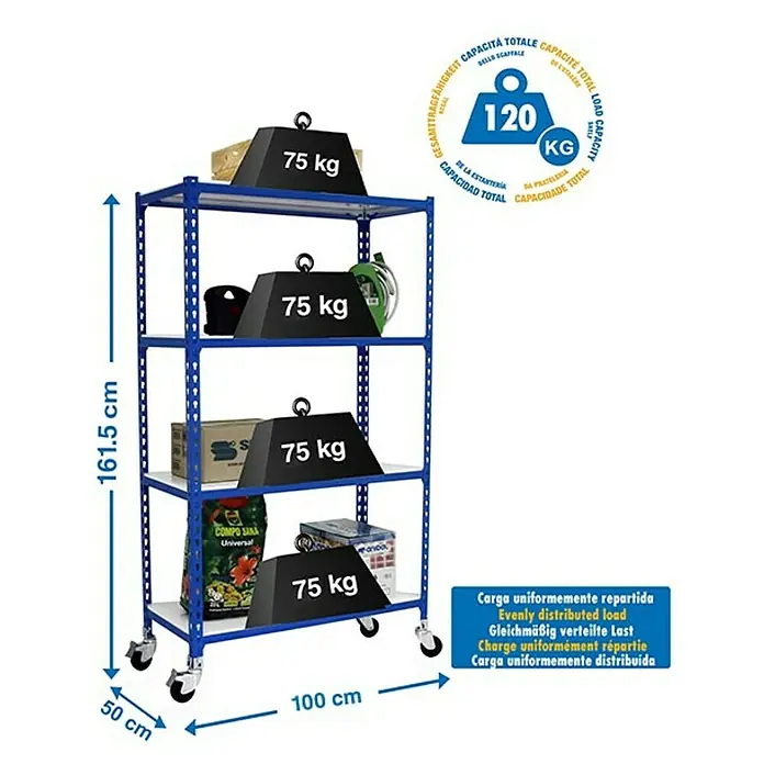 Simonrack Simonclick Estantería metálica Mobile Plus - Al x An x Pr: 150 x 100 x 50 cm, Número de baldas: 4 ud., Inserción, Azul - Estantería de cuatro estantes con ruedas y capacidad de carga de 120 kg, ideal para almacenamiento y organización.