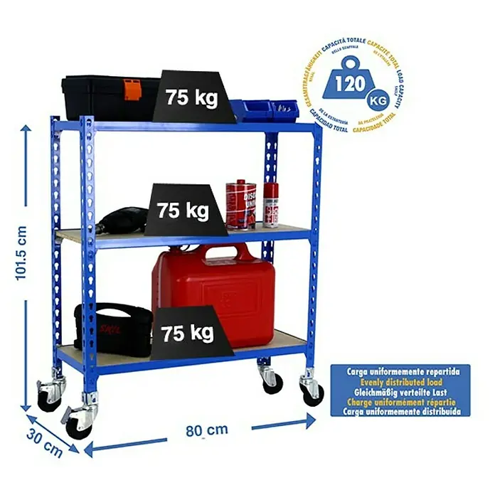 Simonrack Maderclick Estantería metálica Mobile Mini - Al x An x Pr: 90 x 80 x 30 cm, Número de baldas: 3 ud., Inserción, Azul - Imagen de un carro rodante azul con tres estantes, que transporta herramientas y contenedores, anotado con indicaciones de peso.