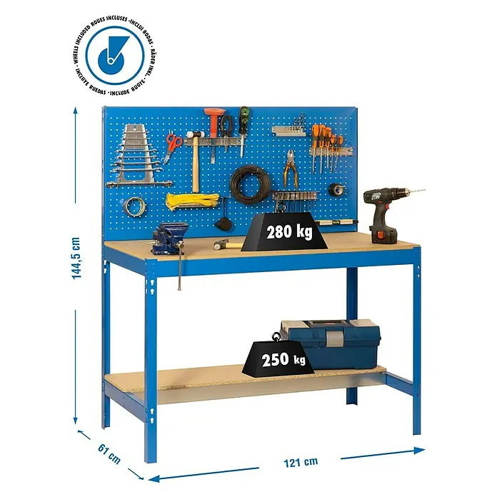 Simonrack Simonwork Banco de trabajo BT2 Mobile - L x An: 61 x 121 cm, Altura de trabajo: 144,5 cm, Carga soportada: 120 kg, Azul - Banco de trabajo con patas metálicas azules, panel perforado y herramientas, con una capacidad de carga de 280 kg en la superficie y 250 kg en el estante.