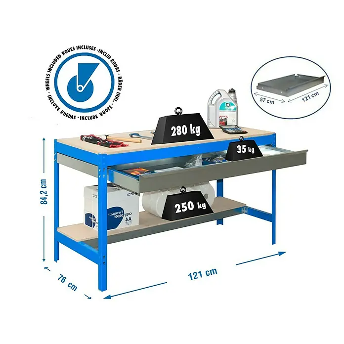 Simonrack Simonwork Banco de trabajo BT0 Box Mobile con panel 60 cm - L x An: 76 x 120 cm, Altura de trabajo: 95 cm, Carga soportada: 120 kg, Azul - Imagen de un banco de trabajo azul con cajón y estante, con capacidad de carga de 280 kg, 35 kg y 250 kg, con especificaciones de dimensiones.