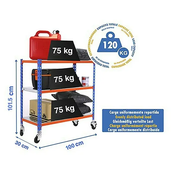 Simonrack Simonclick Estantería metálica Mobile Plus - Al x An x Pr: 90 x 100 x 30 cm, Número de baldas: 3 ud., Inserción, Azul/Naranja - Ilustración de un carro móvil de tres niveles cargado de productos, incluyendo especificaciones de peso.