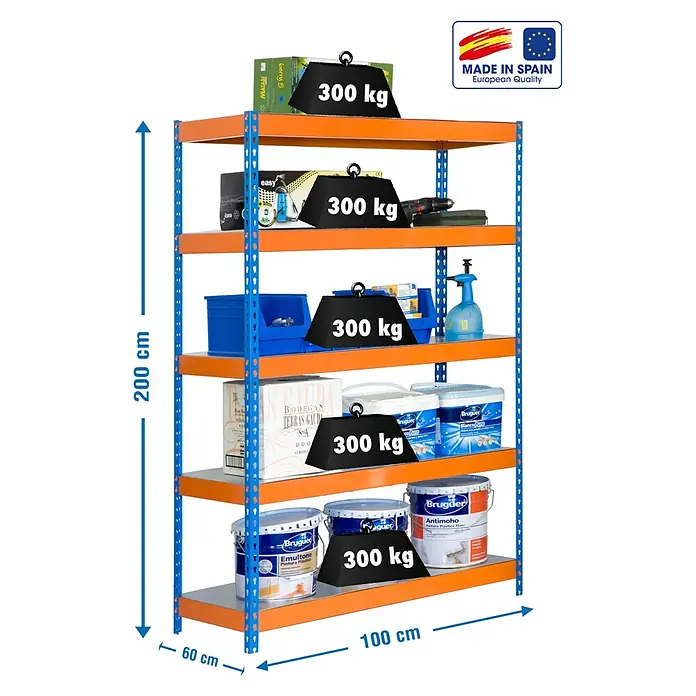 Simonrack Bricoforte Schwerlastregal Bricoforte Metall - H x B x T: 200 x 100 x 60 cm, Traglast pro Boden: 300 kg, Anzahl Böden: 5 Stk., Stecken, Blau/Orange - Abbildung eines Schwerlastregals mit fünf Ebenen, beladen mit diversen Gegenständen, wobei jede Ebene eine Traglast von 300 kg hat.
