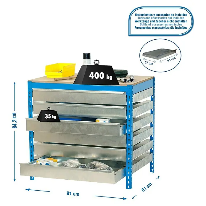 Simonrack Simonwork Werkbank BT5 Box 6 900 - L x B: 61 x 91 cm, Arbeitshöhe: 84,2 cm, Belastbarkeit: 610 kg, Blau - Werkbank mit Schubladen für Werkstattbedarf, belastbar bis 400 kg. Schubladen mit Traglast bis zu 35 kg, Abmessungen: 84,2 x 91 x 61 cm.